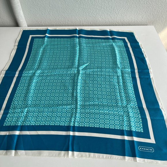 Coach 100% Silk Scarf 21" square Made in Japan Turquoise Aqua White HOST PICK - Picture 1 of 3